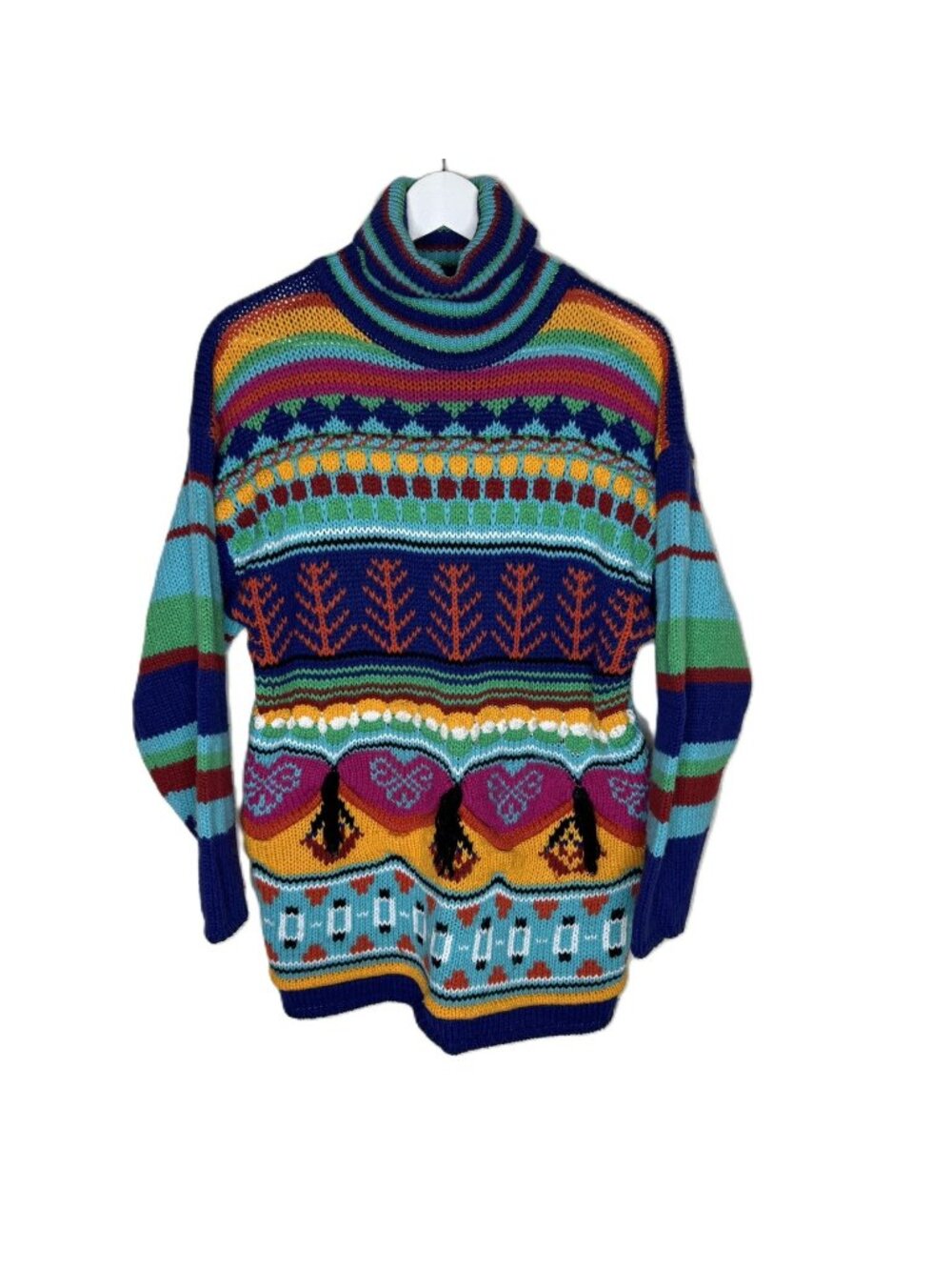 Vintage 90s Women's Coogi-Style Turtleneck Sweater, Colorful Tunic, Size Medium